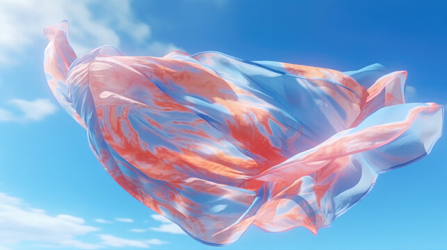 Delicate flying silk satin pink blue scarf float in the air against the background of the sky with clouds. Creative template. wide banner. Generative AI