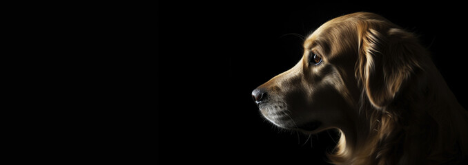 Labrador retriever dog on black background banner with copy space. Generative AI.