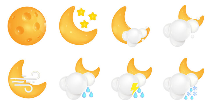 Set of 3d cartoon weather icons at night. Moon, cloud, rain, snow, lightning, thunderstorm, wind. Vector illustration.