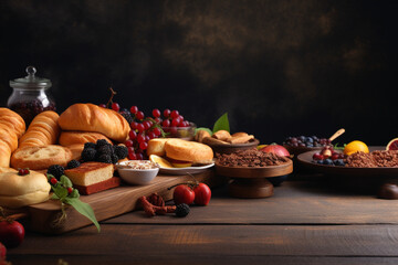 A table full of food including bread fruit and berries