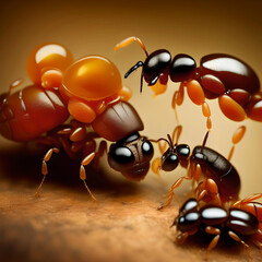 Black ants eating honey drop. Concept of teamwork or hardworking or unity.