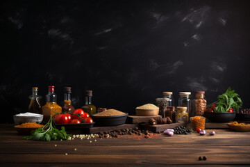 A table full of spices including containers with spices 
