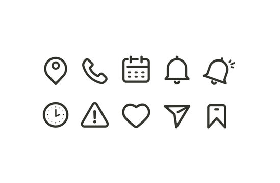 Minimalist icon set featuring phone, bell, location and various others.
