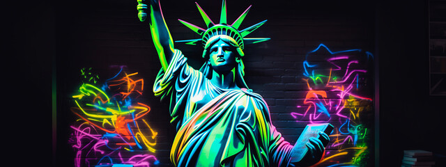 statue, neon, graffiti, liberty, us, usa, freedom, sculpture, justice, law, art, woman, antique, sword, vintage, symbol, bronze, ancient, illustration, skull, vector, tattoo, generative ai