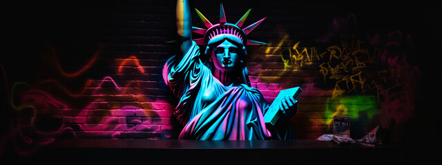 statue, neon, graffiti, liberty, us, usa, freedom, sculpture, justice, law, art, woman, antique, sword, vintage, symbol, bronze, ancient, illustration, skull, vector, tattoo, generative ai