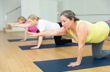 Fototapeta na wymiar Elderly woman maintaining mental and physical health attending group yoga class at studio