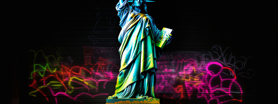 statue, neon, graffiti, liberty, us, usa, freedom, sculpture, justice, law, art, woman, antique, sword, vintage, symbol, bronze, ancient, illustration, skull, vector, tattoo, liberty generative, ai