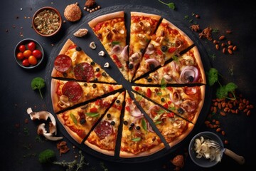 Obraz na płótnie Canvas pizza on a table, top down, generative ai