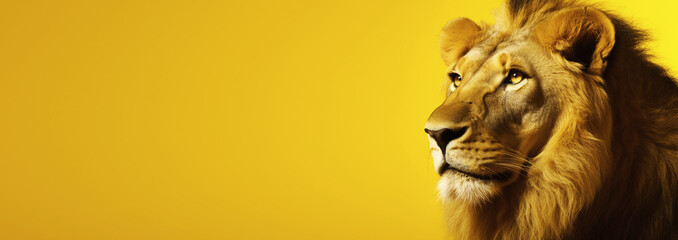 Lion on yellow background banner with copy space. Generative AI.