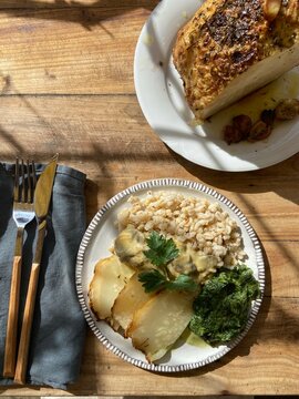 spicy roasted celery with mushrooms, spinach and barley pearls