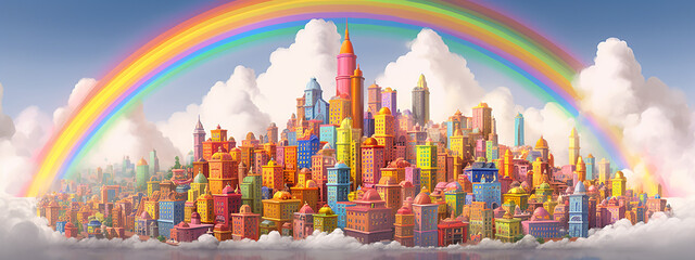 city, skyline, rainbow, skyscraper, building, cityscape, sky, new york, manhattan, view, architecture, urban, buildings, business, downtown, new, nyc, panorama, york, aerial, generative, ai