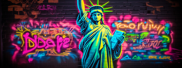 statue, neon, graffiti, liberty, us, usa, freedom, sculpture, justice, law, art, woman, antique, sword, vintage, symbol, bronze, ancient, illustration, skull, vector, tattoo, generative ai