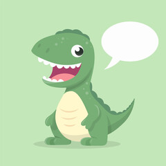 Vector Cute Kind Baby Kid Smiling Dinosaur. Happy Cartoon Dinosaur Tyrannosaurus Rex, Tyrex with Speech Bubble in Flat Style on Green Background.