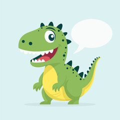Obraz na płótnie Canvas Vector Cute Kind Baby Kid Smiling Dinosaur. Happy Cartoon Green Dinosaur Tyrannosaurus Rex, Tyrex with Speech Bubble in Flat Style on Blue Background