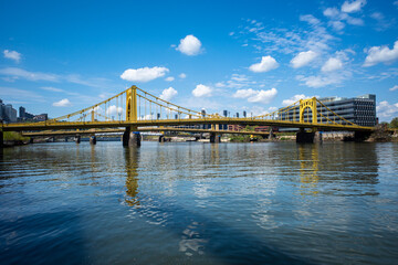 Iconic yellow Rachel Carson Bridge crossing the Allegheny River in Pittsburgh, Pennsylvania, with...