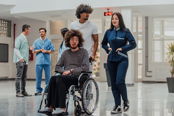 In a modern hospital, a nurse and a technician compassionately transport a patient with disability while doctors conduct a discussion in a busy corridor, demonstrating teamwork and dedication in