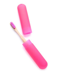 Bamboo toothbrush in case isolated on white background