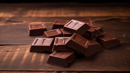 Small Pieces of Milk Chocolate Bar on Wooden Background