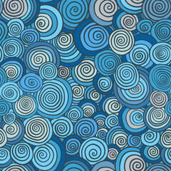 Blue geometric ocean swirls seamless vector pattern, abstract hand drawn summer curls for backgrounds, textures and textile designs
