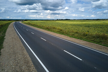 Fototapeta premium Aerial view of empty intercity road between green agricultural fields. Top view from drone of highway roadway