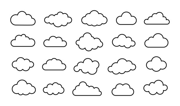 Abstract black outline cloud set. Cute fluffy, bubbly clouds collection. Simple line cloudy shapes. Flat vector decoration element.