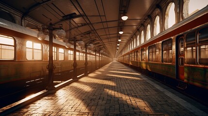 Fototapeta na wymiar Passenger train on the empty station. Generative AI