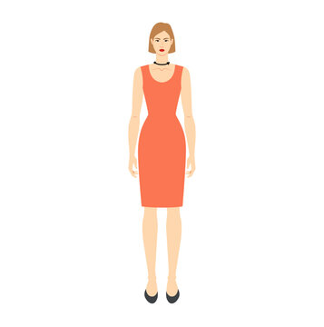 Women to do neck size measurement body with arrows fashion Illustration for size chart. Flat female character front 8 head size girl in red dress. Human lady infographic template for clothes