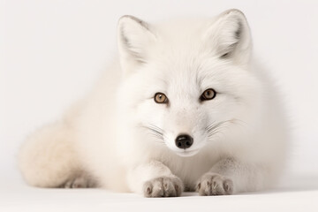 Obraz premium A white fox laying down on a white surface. Generative AI.