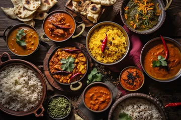 Papier Peint photo Lavable Échelle de hauteur Traditional Indian dishes on the wooden table, selection of assorted spicy food, ai generated