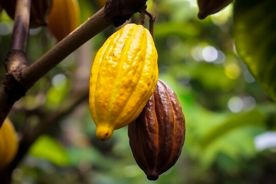 Cocoa tree with ripe fruits closeup, chocolate production, ai generated
