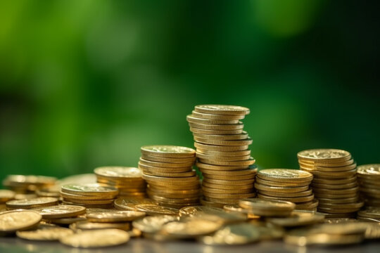 Golden coins on green background, finance , money and investment concept, AI generated