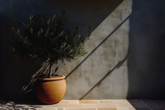 Olive tree in a stone pot over the wall with natural sunlight, generative ai