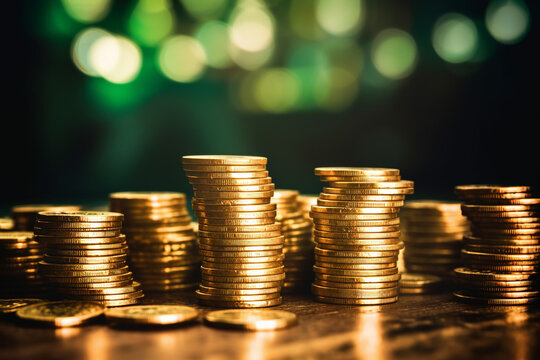 Stacks of golden coins on green background, finance and investment concept,