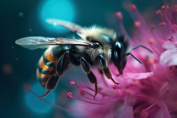 closeup of a honey bee sitting on a pink flower in the garden working and collecting pollen, soft blurred teal background, shallow depth of field, generative AI