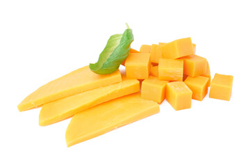 Pieces of tasty cheddar cheese on white background