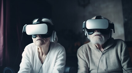 Old people are using virtual reality headsets. Image generated by AI.