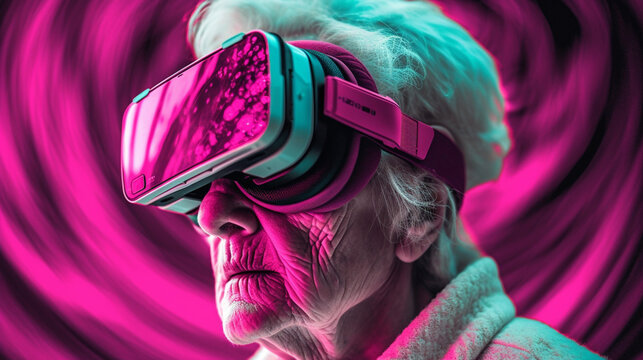 Old people are using virtual reality headsets. Image generated by AI.
