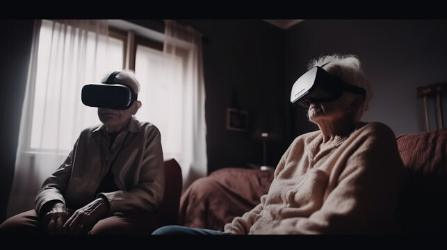 Old people are using virtual reality headsets. Image generated by AI.