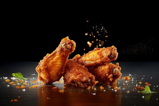 Golden brown crispy fried chicken on black background. Generated by generative AI