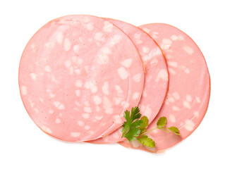 Slices of tasty boiled sausage on white background