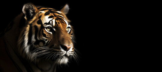 Tiger on black background banner with copy space. Generative AI.