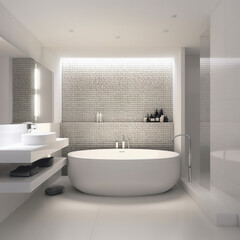 Naklejka na ściany i meble Luxury bathroom with built in shelf and small tiles. Generative AI