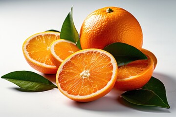 tasty oranges with leaves on a white background