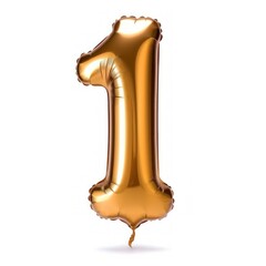 Shiny Golden Number Shaped Balloon Isolated on White Background. Number One, 1, Copper Ballon. Generative AI illustration.