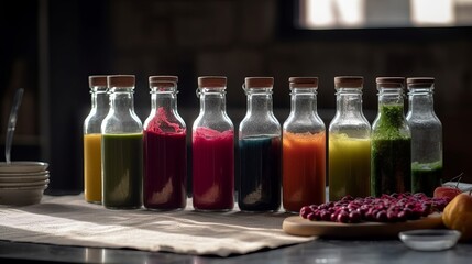 Various colorful fresh fruit and vegetables juices on bottles