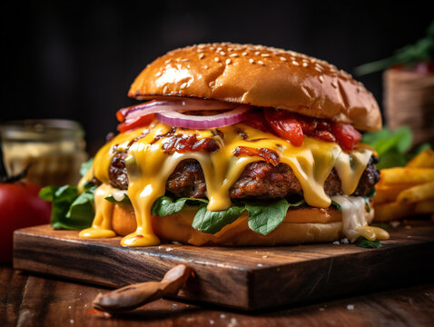 Cheese Burguer, burguer with cheese, onions and bacon
