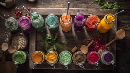 Various colorful fresh fruit and vegetables juices on bottles