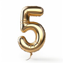 Shiny Golden Number Shaped Balloon Isolated on White Background. Number Five 5.. Generative AI illustration.