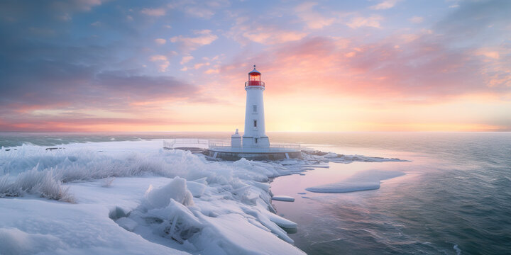 A lighthouse on a snowy shore with a sunset in the background. Generative AI.