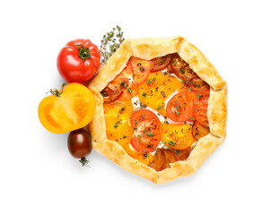 Tasty tomato galette on white background